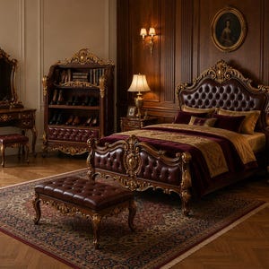 Peut inclure: Un ensemble de chambre luxueux avec un grand lit orné d'une tête de lit capitonnée, une coiffeuse assortie et une bibliothèque. Le mobilier est brun foncé avec des accents dorés. Un tapis à motifs et un ottoman en cuir complètent l'ensemble.