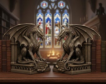 File STL fermalibri a forma di drago / Decorazione per mensola porta libri stampabile in 3D fantasy gotico