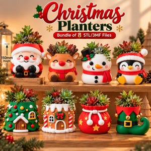 May include: A bundle of 8 Christmas planters featuring designs of Santa, a reindeer, a snowman, a penguin, a tree, a house, a gift bag, and an elf boot. Each planter holds a succulent and measures 150mm in height. Text reads Christmas Planters.