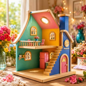 Op de afbeelding: Een houten poppenhuis met een groenblauwe muur, een gele binnenmuur en een blauwe buitenkant met een roze dak. Het bevat een roze deur, een roze koelkast, een trap, een balkon met een tafel en twee stoelen, en verschillende boogvormige ramen.