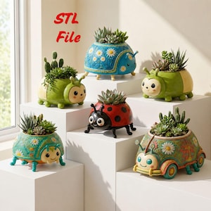 May include: A collection of whimsical ladybug and beetle-shaped planters, each filled with succulents. The planters are painted in bright colors like blue, green, and red, with detailed floral and insect-like designs. The text "STL File" is visible.