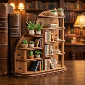 May include: Wooden cat-shaped bookshelf with multiple shelves, decorated with paw prints. The shelves hold miniature books and potted succulents. The bookshelf is made of light brown wood and is placed in front of a blurred background of books.