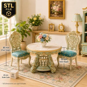 May include: A miniature dining set featuring a round table with a marble-look top and two chairs with ornate light blue and gold frames and teal floral patterned seats. The table is 50 mm high and the chairs are 80 mm high, with a 20 mm scale cube.