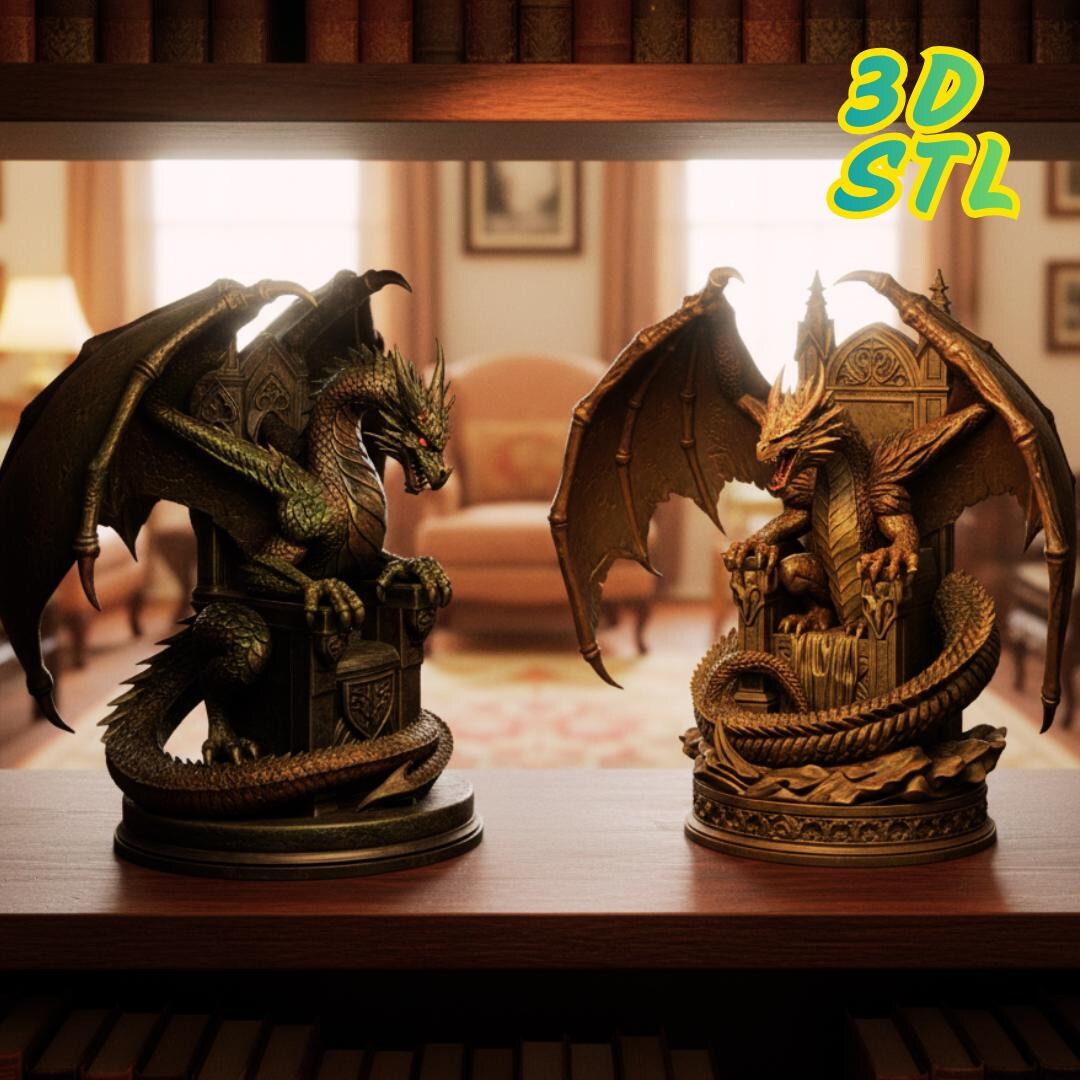 Dragon Statue STL Bundle | 3D Printable Fantasy Dragon Bookend Shelf ...