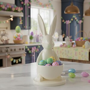 Archivo STL de conejito de Pascua / Plato para dulces imprimible en 3D / Decoración de mesa de primavera imagen 3