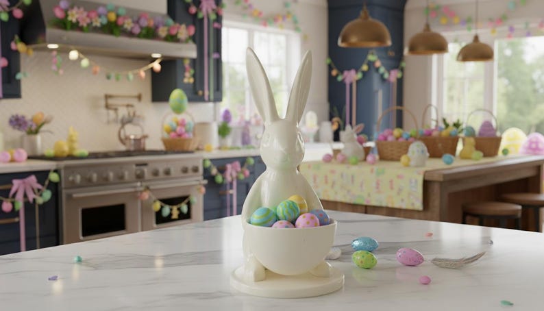 Archivo STL de conejito de Pascua / Plato para dulces imprimible en 3D / Decoración de mesa de primavera imagen 3