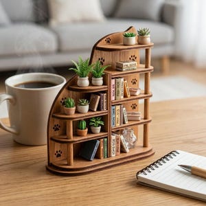 May include: A wooden miniature bookshelf with multiple shelves, decorated with paw prints. The shelves hold tiny potted plants and miniature books. A cup of coffee and a notepad with a pen are on the table.