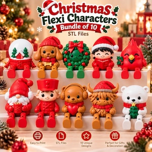 10-Piece Christmas Flexi Shelf Sitter Bundle | Gnome, Cardinal, Highland Cow (STL Download)