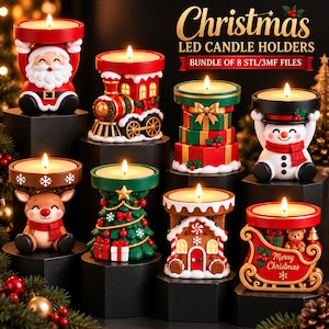 May include: A collection of eight Christmas LED candle holders featuring festive designs including Santa Claus, a train, stacked gifts, a snowman, a reindeer, a Christmas tree, a gingerbread house, and a sleigh with the text Merry Christmas.