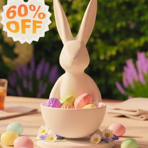 Archivo STL de conejito de Pascua / Plato para dulces imprimible en 3D / Decoración de mesa de primavera