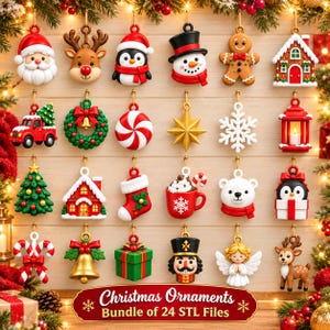 Può includere: Una collezione di 24 ornamenti natalizi con Babbo Natale, renne, pinguini, pupazzi di neve, pan di zenzero, case, camion, ghirlande, caramelle, stelle, fiocchi di neve, lanterne, alberi, calze, cacao, orsi, regali, schiaccianoci e angeli con il testo Christmas Ornaments Bundle of 24 STL Files.