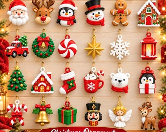Puede incluir: Una colección de 24 adornos navideños que incluyen a Santa, renos, pingüinos, muñecos de nieve, pan de jengibre, casas, camiones, coronas, dulces, estrellas, copos de nieve, linternas, árboles, calcetines, cacao, osos, regalos, cascanueces y ángeles con el texto Christmas Ornaments Bundle of 24 STL Files.