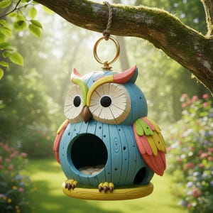 May include: A whimsical owl-shaped birdhouse, painted in shades of blue, yellow, green, and pink, hangs from a tree branch. The birdhouse features a round entry hole and is suspended by a gold-colored ring and rope.