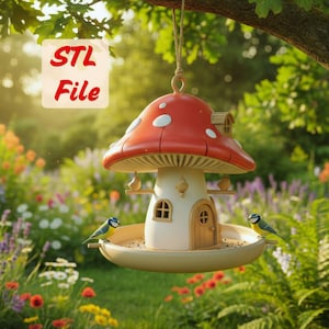 Comedero para pájaros con forma de seta (archivo STL/3MF) / Comedero para jardín de hadas imprimible en 3D / Decoración exterior estilo cottagecore (regalo)