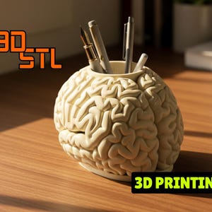 May include: A cream-coloured brain-shaped desk organiser holding pens and a fountain pen. The organiser is 3D printed and sits on a wooden surface. The words "3D STL" and "3D PRINTING" are visible.