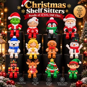 May include: A digital bundle of 12 Christmas shelf sitter figurines including a green creature, Mrs. Claus, a penguin, Santa, a polar bear, an angel, a gingerbread person, a snowman, a nutcracker, a reindeer, a tree, and an elf.