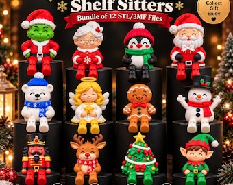 May include: A collection of 12 Christmas shelf sitter figurines including a green character, Mrs. Claus, a penguin, Santa, a polar bear, an angel, a gingerbread person, a snowman, a nutcracker, a reindeer, a tree, and an elf.