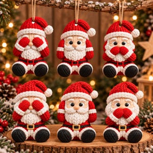 May include: Six hanging Santa Claus ornaments crafted with a textured knit appearance. Each figure wears a red hat, white beard, and black boots. The figures are posed in three variations: covering eyes, covering ears, and covering the mouth.