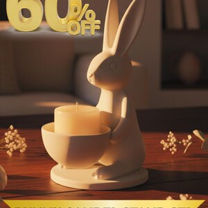 3D printed Easter bunny bowl displayed next to a hand for size reference. Approximately 10cm tall standing bunny with open bowl, printed in white PLA filament on an FDM printer.