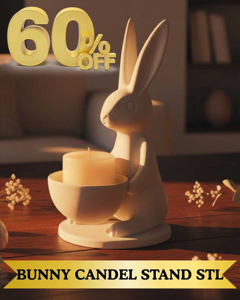 3D printed Easter bunny bowl displayed next to a hand for size reference. Approximately 10cm tall standing bunny with open bowl, printed in white PLA filament on an FDM printer.