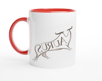Caneca de cerâmica branca moderna e simples com o signo de Touro, 325 ml (11 oz), com interior colorido.