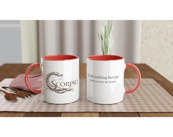 Caneca de cerâmica branca com interior colorido, signo de Escorpião - 325ml, presente para quem busca uma vida consciente.