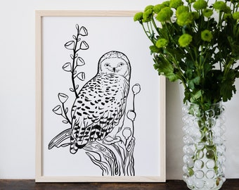 Dibujo lineal de búho nival, descarga digital (PDF, PNG, SVG, EPS, DXF)