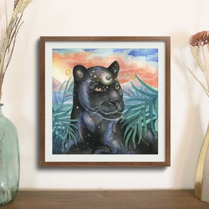 Black Panther Art Print 8x8 – Mystical Jungle Animal Wall Art, Celestial Moon Panther Watercolor Painting, Spiritual Boho Home Decor