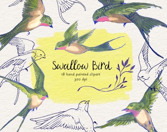Watercolor Swallow Bird Clipart, Hand-Painted Flying Bird Illustrations (18 PNG Files) (Instant Download)