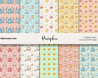 Paquete de 10 patrones sin costuras de calabaza, juegos de papel digital de otoño, descarga instantánea.