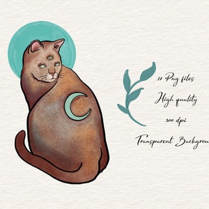 May include: Digital illustration of a brown cat with three eyes, a crescent moon on its side, and a teal halo. The image includes text: "11 Png files, High quality, 300 dpi, Transparent Background."