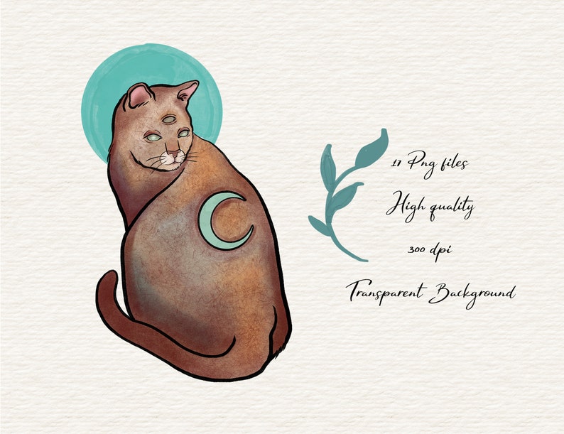 May include: Digital illustration of a brown cat with three eyes, a crescent moon on its side, and a teal halo. The image includes text: "11 Png files, High quality, 300 dpi, Transparent Background."