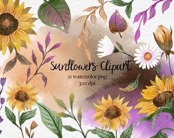 Watercolor Sunflowers Clipart, Floral Graphics (Instant Download PNG Files)