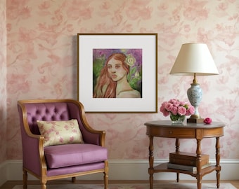 Violet aquarel vrouwenportret Art Print, art nouveau bloemen