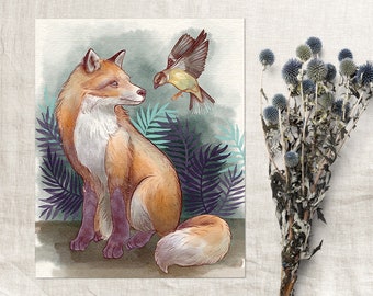 Watercolor Fox and Bird Printable Art, Woodland Nursery Decor (Digital Download)