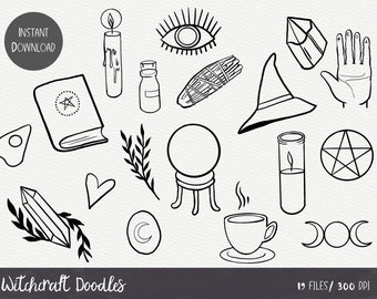 Witchcraft Doodle, Schwarz weiß mystische Clipart, Witch Elements, 19 png Dateien, INSTANT DOWNLOAD