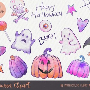 Cute halloween clipart bundle, pink halloween party decor, ghost, pumpkin, skull, watercolour spooky clipart, 19 ng files, instant downloads