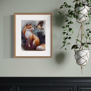 Fox & Bird Art Print, Watercolour Fox wall art, watercolour fox illustration, Nursery decor, Woodland animal print 8x10, 11x14