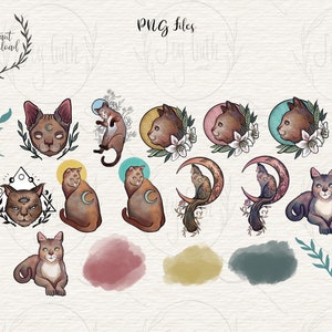 May include: A collection of watercolor cat illustrations in various poses and designs. Some cats feature celestial elements like moons and halos, while others are surrounded by floral arrangements. The phrase "PNG Files" is at the top.