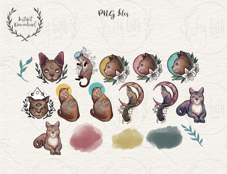 May include: A collection of watercolor cat illustrations in various poses and designs. Some cats feature celestial elements like moons and halos, while others are surrounded by floral arrangements. The phrase "PNG Files" is at the top.