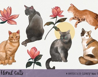 Floral Cat Clipart, Cats digital download, 9 png files, INSTANT DOWNLOAD