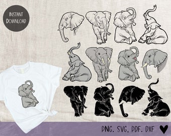 Conjunto de imágenes prediseñadas de elefantes, diseño de camisetas con arte lineal, pegatinas vectoriales (descarga digital)