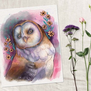 Acuarela floral rosa búho art print, búho wall art para niñas, acuarela pájaro print 8x10, 11x14