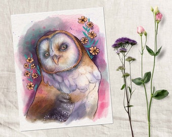 Watercolor Floral Owl Print, Pink Owl Wall Art (Digital Download)