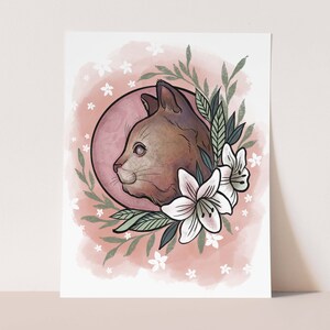 Mystical floral cat, printable pink wall art, boho cat painting, instant download 8x10, 11x14, 16x20