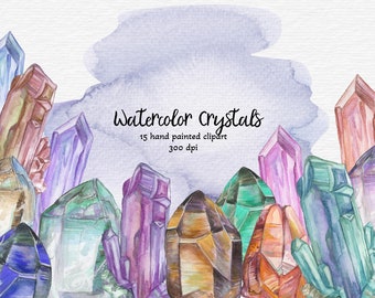 Watercolor Crystal & Gems Clipart, Hand Painted Crystal Illustration, 15 PNG Graphic Art, Instant Download