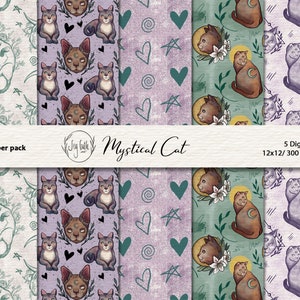 Mystical cat seamless pattern design, purple & green digital paper set 12x12, instant download