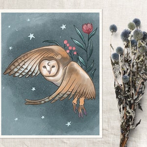 Blumen fliegende Eule druckbare Kunst, Eule Wandkunst, Kinderzimmer Kunst, druckbare Kunst für Wohnkultur Großformat