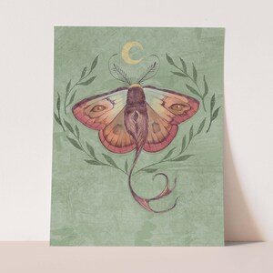 Green Boho Moth Art Print, Mystical Moth Print 8x10, 11x14