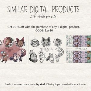 May include: Digital art prints featuring mystical cat illustrations. The artwork includes various cat designs with celestial and floral elements, and a digital paper pack. The text reads "SIMILAR DIGITAL PRODUCTS" and "Available for sale".